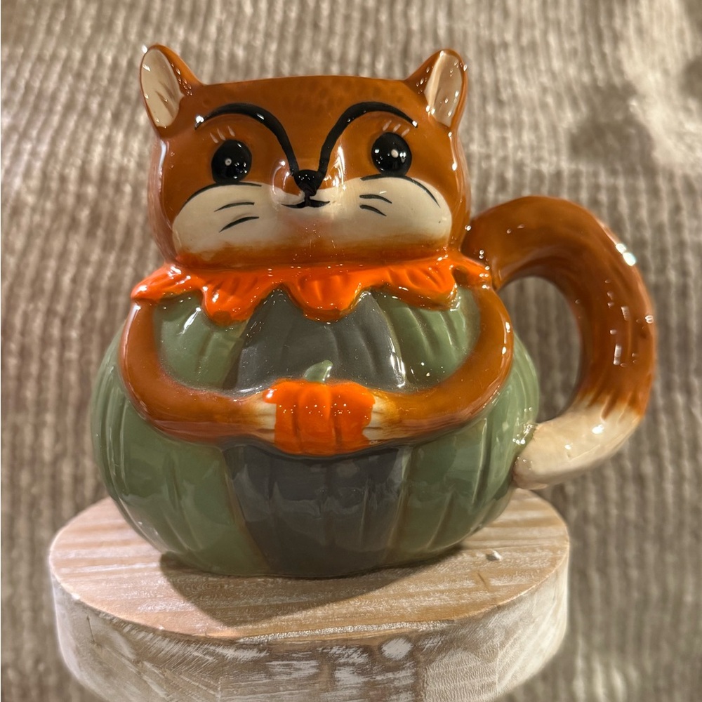 Whimsical Squirrel Ceramic Mug - Orange and Green